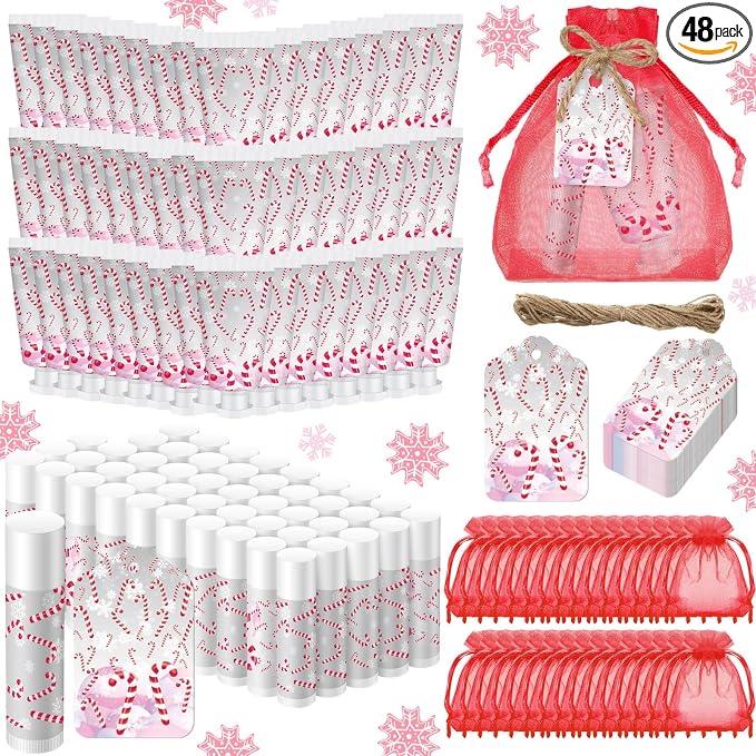 48 Sets Christmas Candy Cane Pattern Hand Cream and Lip Balm Gifts Bulk Candy Apple Hand Lotion for Women Travel Size Xmas Wedding Shower Favors for Guests