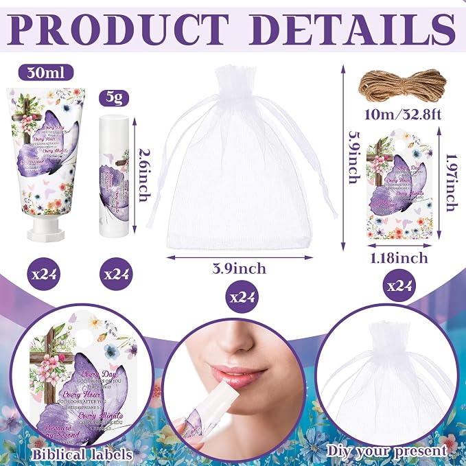 24 Sets Christian Graduation Gifts Hand Cream and Lip Balm Bulk Teacher Appreciation Gifts Bible Verse Thank You Cards with Organza Bag for Graduation Supplies(Romantic)