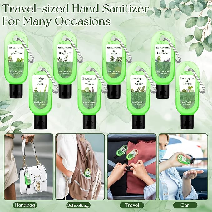 24 Packs Eucalyptus Hand Sanitizer with Keychains Scented Hand Sanitizer Gel 1 oz Travel Size Pocket with Carabiner Clip Eucalyptus Gel for Purse Backpack Adult Office Nurse