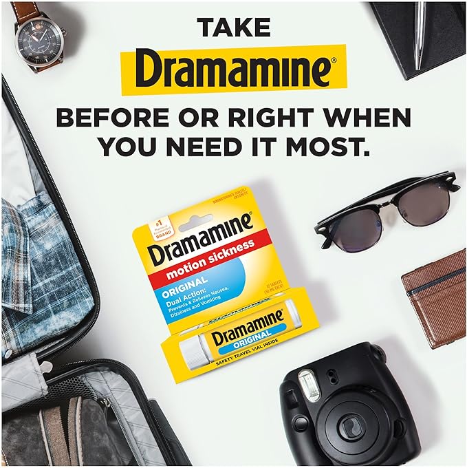 Dramamine Motion Sickness Relief Bundle with Non-Drowsy Ginger Capsules, 18 Count and Original Tablets Travel Vial, 12 Count