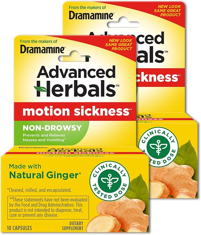 Dramamine Motion Sickness Relief, Non-Drowsy Ginger Capsules, 18 Count, 2 Pack + Less Drowsy Tablets, 8 Count, 3 Pack