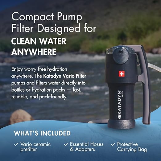Katadyn Vario Dual Mode Hand Pump Water Filter for Camping, Backpacking & Hiking - Portable & Lightweight Water Filtration System for Survival, Easy to Use - 2L Per Minute, 15 oz
