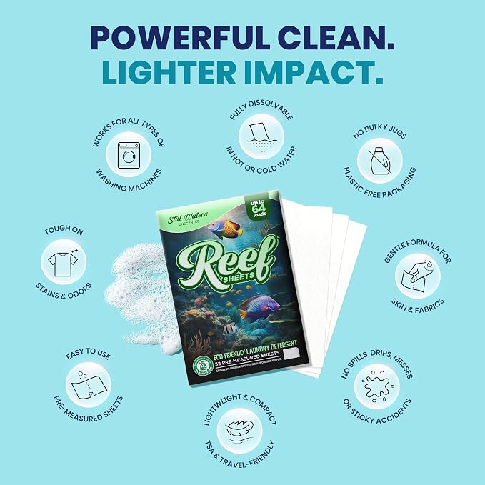 Reef Sheets Laundry Detergent Sheets, 64 loads (32ct Pack), Hypoallergenic & Plastic-Free Eco-Friendly Packaging, Gentle on Skin, Tough on Stains, Travel-Friendly, Fragrance Free, 32ct