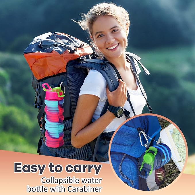 Sunnyray 14 Pack Collapsible Water Bottles Bulk with Hooks 17oz Reusable Leakproof Silicone Sport Foldable Water Bottle for Travel Camping Hiking Cycling Outdoor Party Favors(Dark Color)