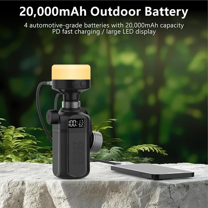 20,000mAh Rugged Power Bank with Fast Charge USB-C PD, IP68 Waterproof Shockproof, Includes 420lm Bright Camping Lantern, Tactical Outdoor Charger for Hiking Camping Survival Emergency（Black）