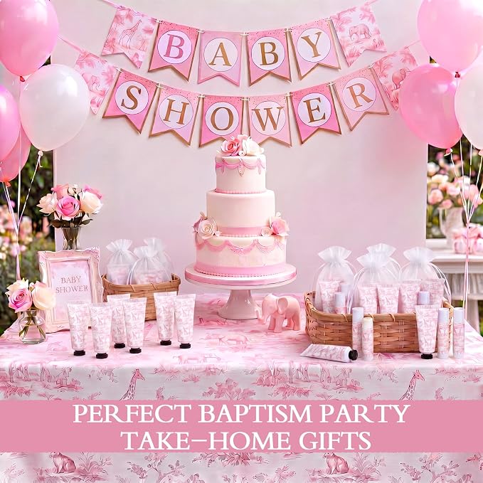 Leelosp 24 Sets Pink Toile De Jouy Baby Shower Favor Gifts Bulk - Vintage French Floral Hand Cream & Lip Balm with Nail File Travel Size Favors for Bridal Baby Shower Birthday Baptism Party Guests
