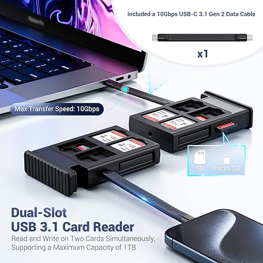 Multi SD Card Reader Case with High-Speed USB C 3.1 Gen 2 Cable & 24 Slots SD/TF Card Holder & Light/Type A/MicroUSB/OTG Adapter for Travel Phones Cameras PC Drones Data Transfer Plug and Play - Gray