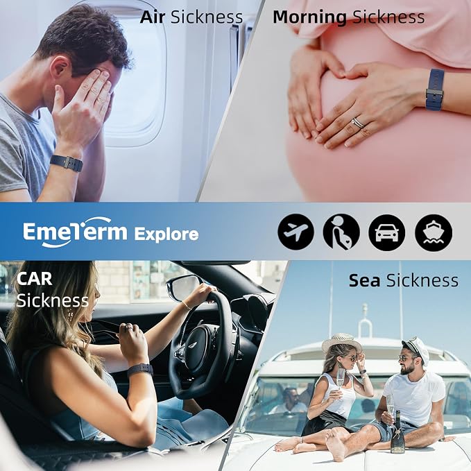 EmeTerm Explore FDA-Cleared Anti-Nausea Wristband IP67 Waterproof Morning Motion Travel Sickness Relief Classic Strap Design (Navy Blue-Extra 2pack Conductive Gel)