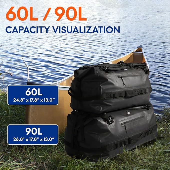 Haimont IPX7 Waterproof Roll-Top Dry Duffel Backpack | 60L/90L Sizes, 500D Tarpaulin, Welded Seams, Mesh Pockets, Boating & Kayaking