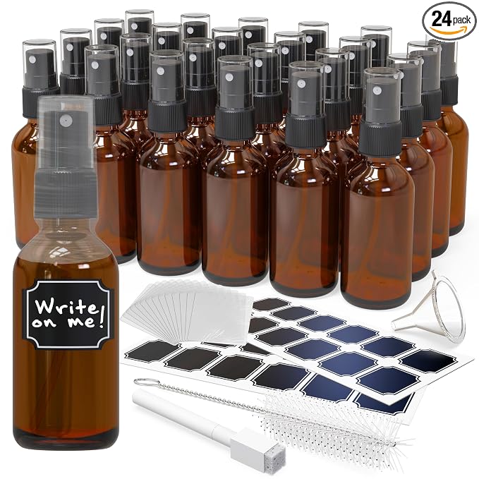 Nevlers 2 Oz Amber Glass Spray Bottles for Essential Oils 24 PK Oil Mister | Amber Glass Bottle Set w/ Shrink Wrap, Funnel, Labels & More | Fine Mist Spray Bottles for Face Mist Bottle & Hair Mister