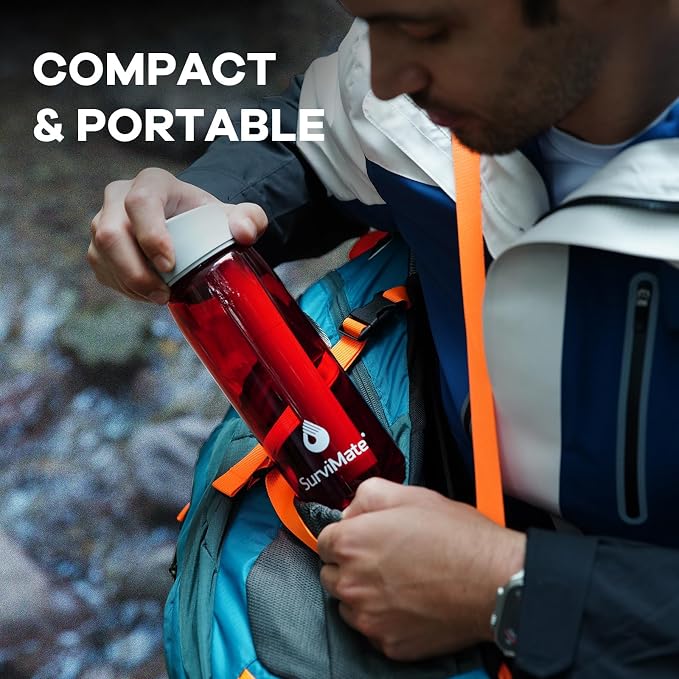 Survimate 5-Stage 0.01μm Ultra-Filtration Filtered Water Bottle, BPA-Free Material, NSF/ANSI 42 Certified, Portable Water Filter Bottle for Survival, Camping, Hiking, and Emergency Use