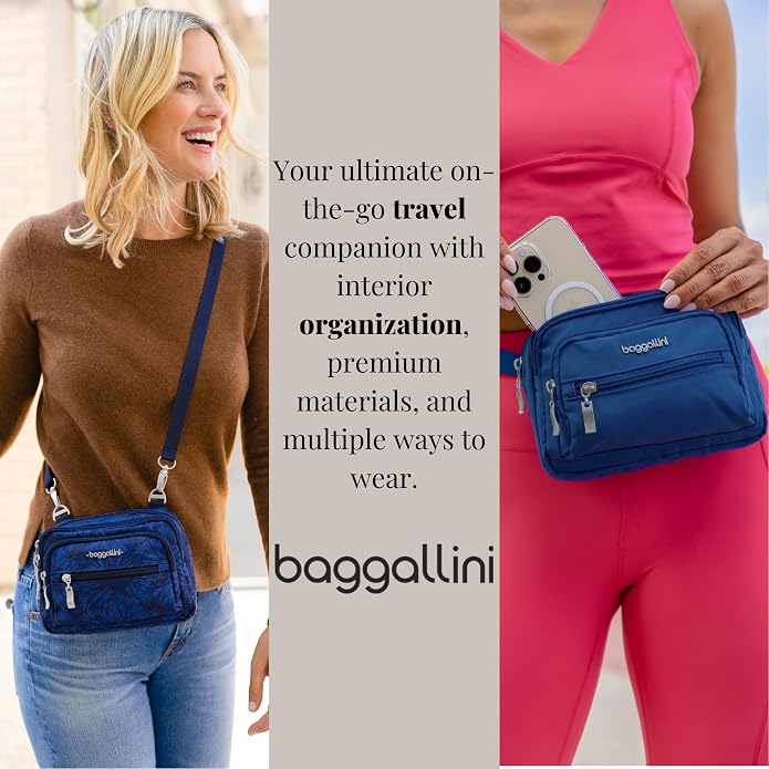 Baggallini Triple Zip Small Crossbody Bag for Women - Lightweight Convertible Fanny Pack Belt Bag