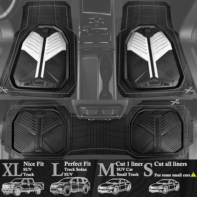 CAR PASS Heavy Duty Rubber Car Mats, Deep-Dish Car Floor Mats All Weather, Universal Two-Tone Trim-to-Fit for SUVs Trucks Sedans, Waterproof Anti-Slip, 3 Pieces V12 Black and White