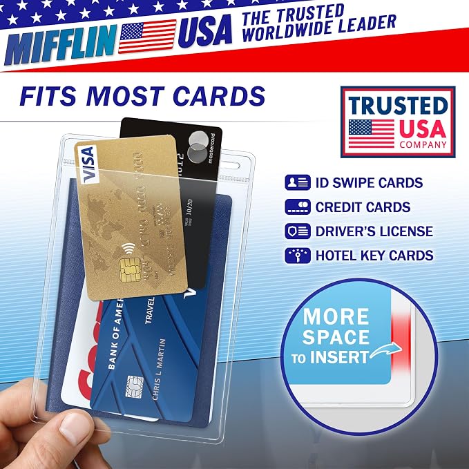 Mifflin-USA Passport & Card Holders (Clear, 4x6 Inches, 50 Pack), Extra Large ID Name Badge Holder, Zipperless Vertical Plastic Card Holders