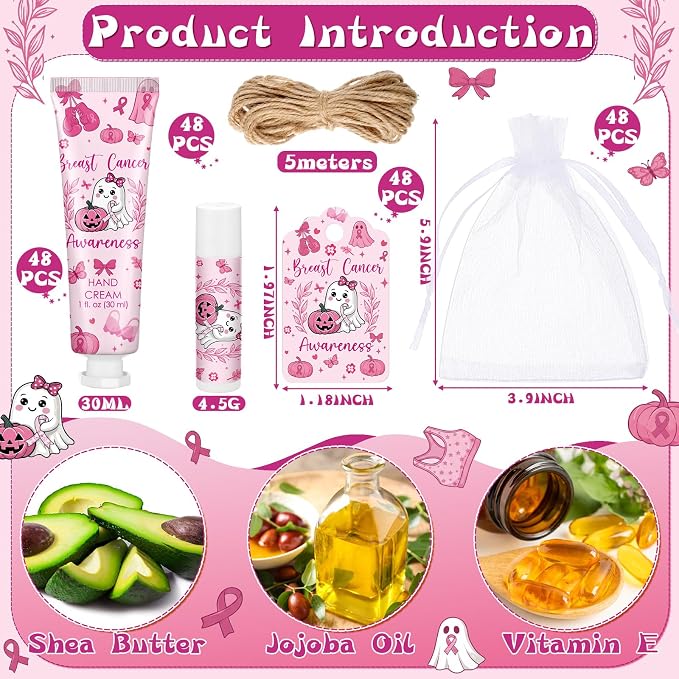 48 Sets Halloween Breast Cancer Hand Cream and Lip Balm Ghost Breast Cancer Awareness Gift for Women Travel Size Hand Lotion Pink Ribbon Survivor Charity Event Campaign Supplies