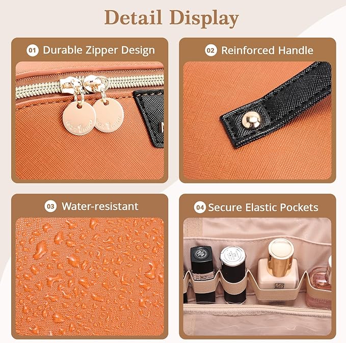 Travel Makeup Bag for Women: 3-in-1 Large Capacity Cosmetics Organizer with 2 Detachable Pouch - Vegan Leather Flat Open Toiletry Bag - Travel Essentials for Full-Sized Bottles(Orange)