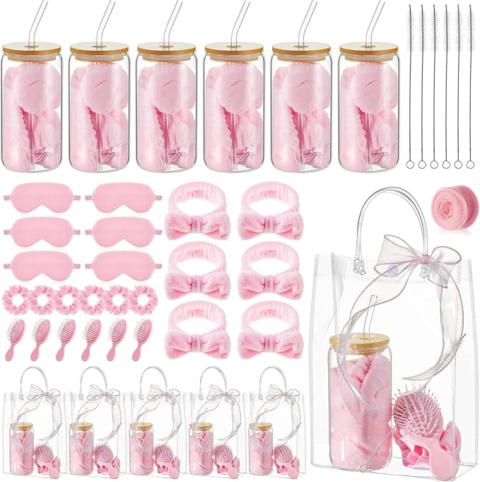 37 Pcs Spa Sleepover Party Supplies for Girls, 6 Set Spa Party Favors, Include Cups, Hairbands, Sleep Eye Mask, Headband, Brush, Tote Bags with Ribbon for Pink Sleepover Birthday Favors