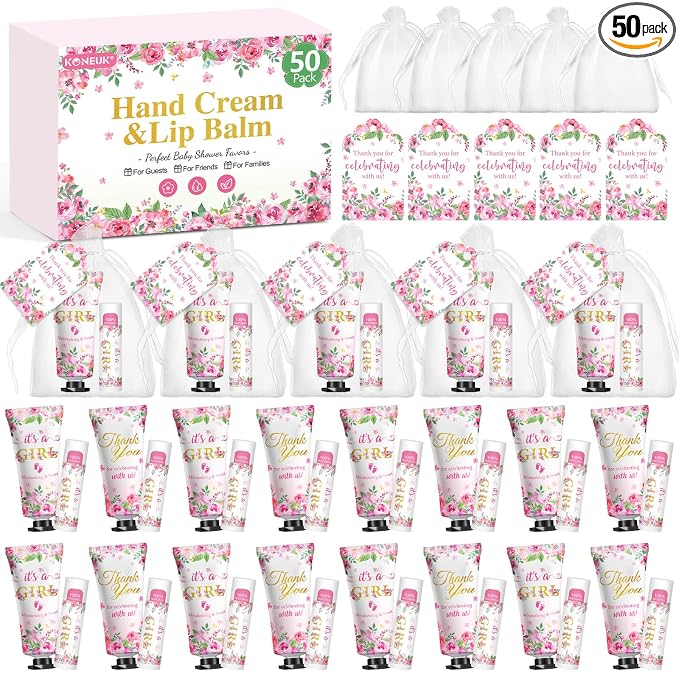 50 Pack Bulk Hand Cream and Lip Balm Gifts Sets, Baby Shower Favors and Bridal Shower Favors for Guests with Thank You Card and Organza Gift Bags, Appreciation Gifts, Wedding Party Favors (Baby Girls)