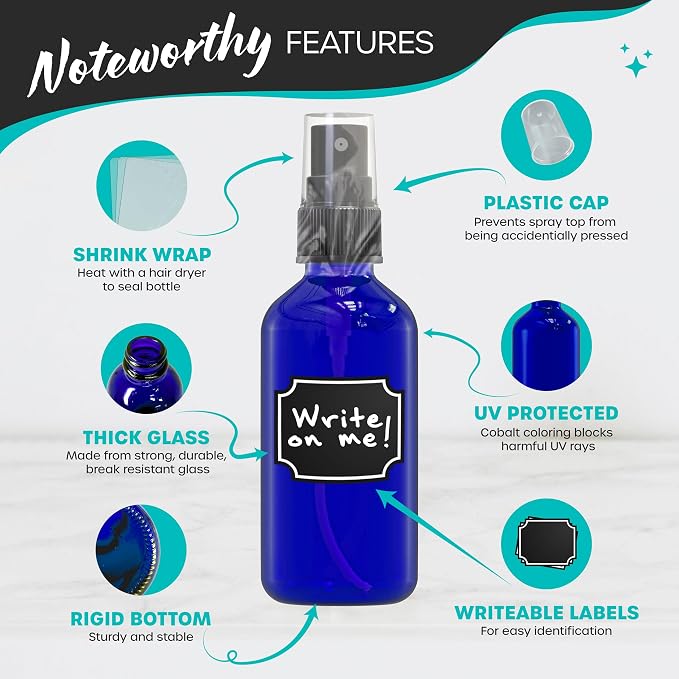 Nevlers Small Spray Bottle 2 Oz 48 Pack Blue Glass Spritzer Bottles | Mini Spray Bottle Mist Set w/ Labels, Marker, Funnel, Brush & Shrink Wrap | 2oz Glass Bottles for Oils, Scents & Travel Use