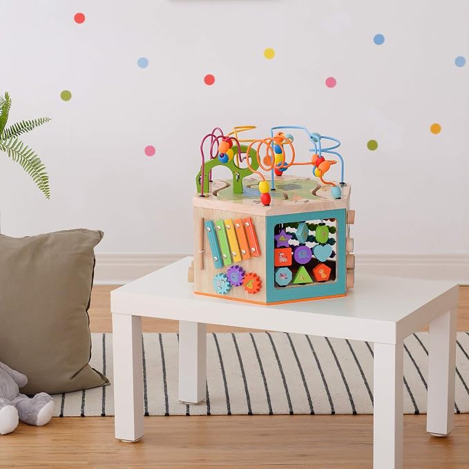 Teamson Kids Preschool Play Lab 7-in-1 Large Wooden Activity Cube Station Center Bead Maze and Counting for Kids Baby Toys, Natural | Large Station Center, Bead Maze, Counting for Kids Baby Toys, Natural