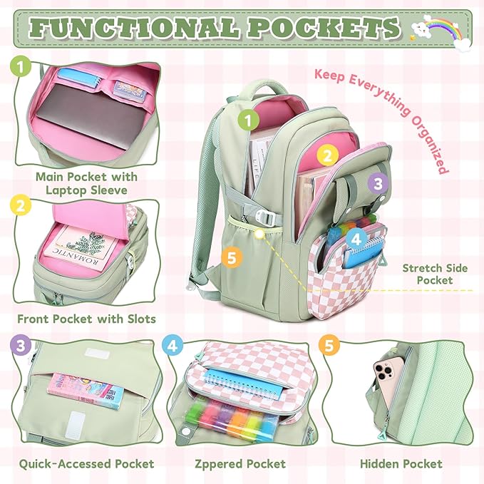 MUSEVOS Girls Backpack, Ideal School Backpack for Girls from Elementary to Teen Years, Kawaii Bookbag Cute Large Capacity, Checkered, Green