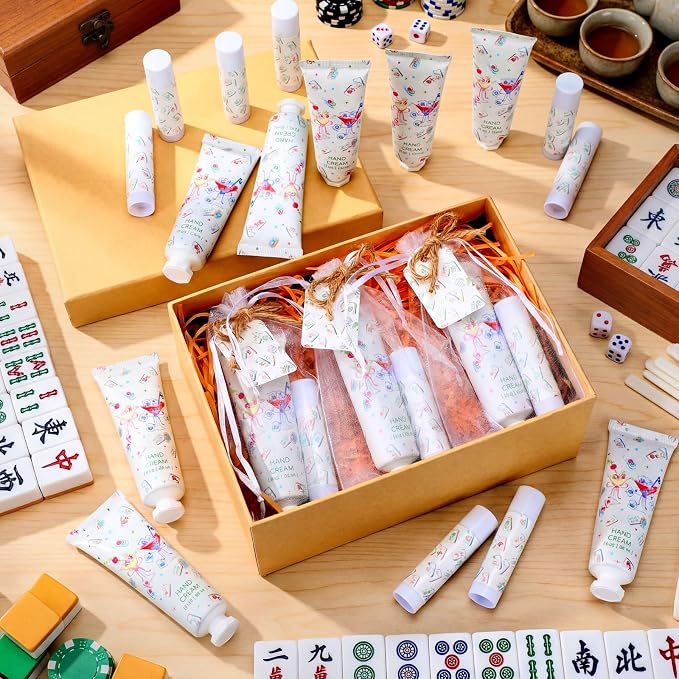 24 Sets Mahjong Themed Hand Cream and Lip Balm Mah Jong Themed Gift Mahjong Party Favors for Guests Travel Size Hand Lotion Lip Balm Game Night Family Play Day Theme Birthday Baby Bridal Shower Favors