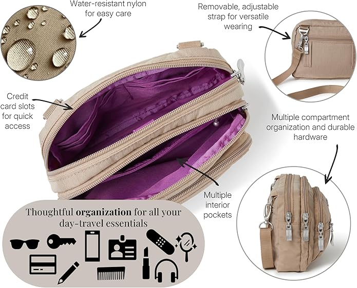 Baggallini Triple Zip Small Crossbody Bag for Women - Lightweight Convertible Fanny Pack Belt Bag