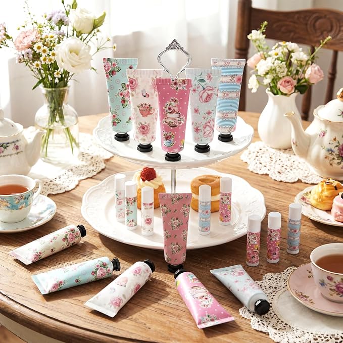 6 Sets Tea Party Favors Mini Hand Cream Lip Balm Bulk Gift Set for Women Wedding Party Favors for Guests Travel Size Hand Lotion Vintage Floral Moisturizing Lip Balm Gifts for Baby Shower