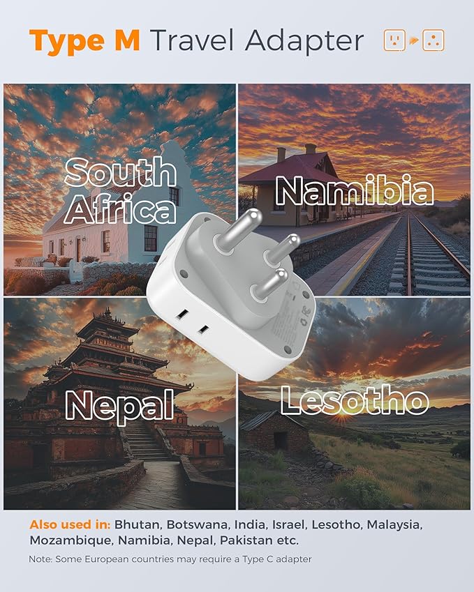 TESSAN Type M Adapter for South Africa Plug, South Africa Power Adapter 4 AC Outlets 3 USB Ports(1 USB C PD 20W), Travel Adaptor US to Botswana Namibia Nepal Bhutan, 2 Pack