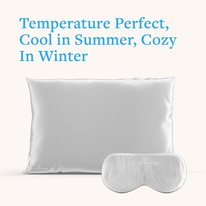 Silk Sleep Essentials Set in Silver: Pillowcase and Eye Mask, 25" x 19.5" Fits Standard Queen Pillow, 22mm 6A Grade, for Gentle Sleep, Anti-Breakage, Tangles, Creases and Wrinkles, By Silver Mirror