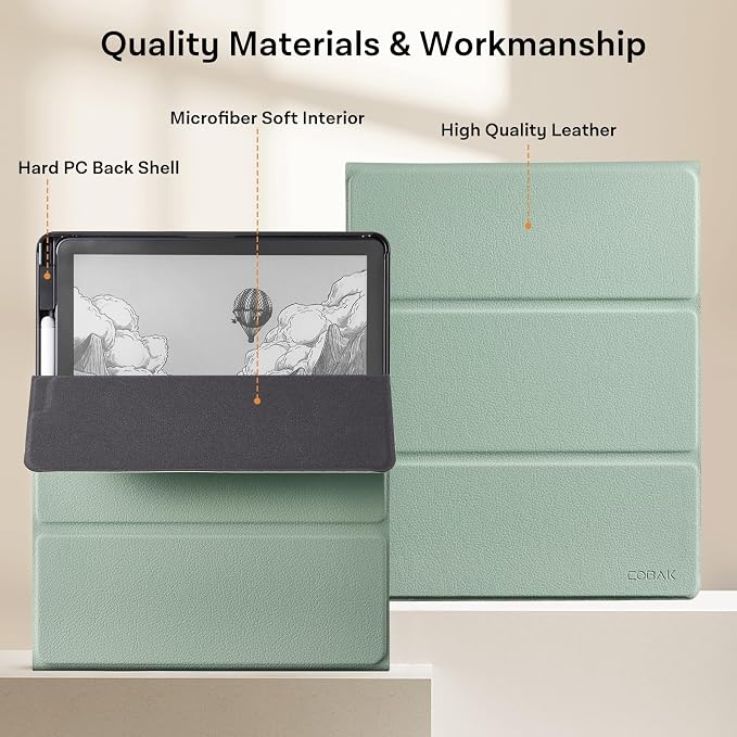 CoBak Case for 11" Kindle Scribe 3rd Generation 2025, Kindle Scribe Colorsoft with Two Viewing Angles - All New PU Leather Cover with Auto Sleep Wake, Pen Holder. Sage Green