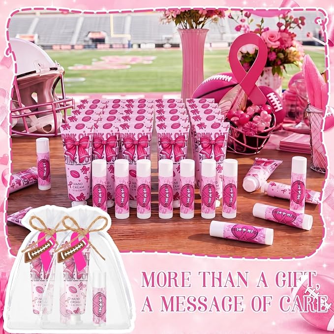 24 Sets Pink out Football Breast Cancer Awareness Favors Breast Cancer Awareness Gift Football Sports Themed Hand Cream Lip Balm Gift for Women Pins Pink Ribbon Travel Size Hand Lotion Lip Balm