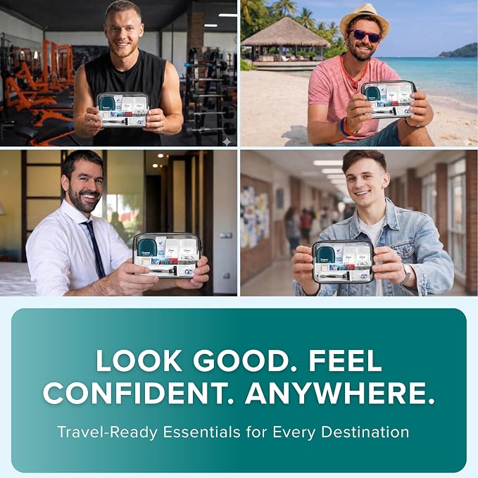 TrekTote 12 Piece Men’s Travel Toiletry Kit TSA Approved Travel Size Toiletries Set Hygiene Kit with Toothbrush Toothpaste Deodorant Razor Shampoo Conditioner