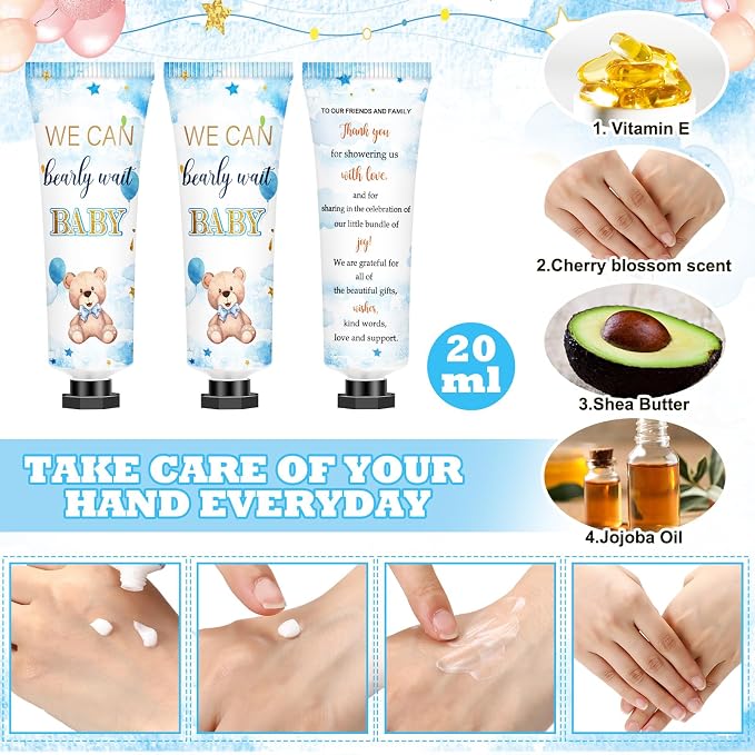 50 Sets 200 Pcs Blue Theme Bear Baby Shower Hand Lotion and Lip Balm Gift Theme Baby Shower Party Favors Travel Size Hand Lotion and Lip Balm Bulk with Organza Bags Tags