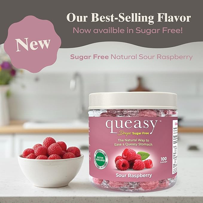 Three Lollies Queasy Drops - Sugar Free Raspberry Flavor - Relief from Chemotherapy Nausea & Travel Sickness - Alleviates a Dry Mouth - Non-Drowsy - Natural Ingredients - 100 Ct