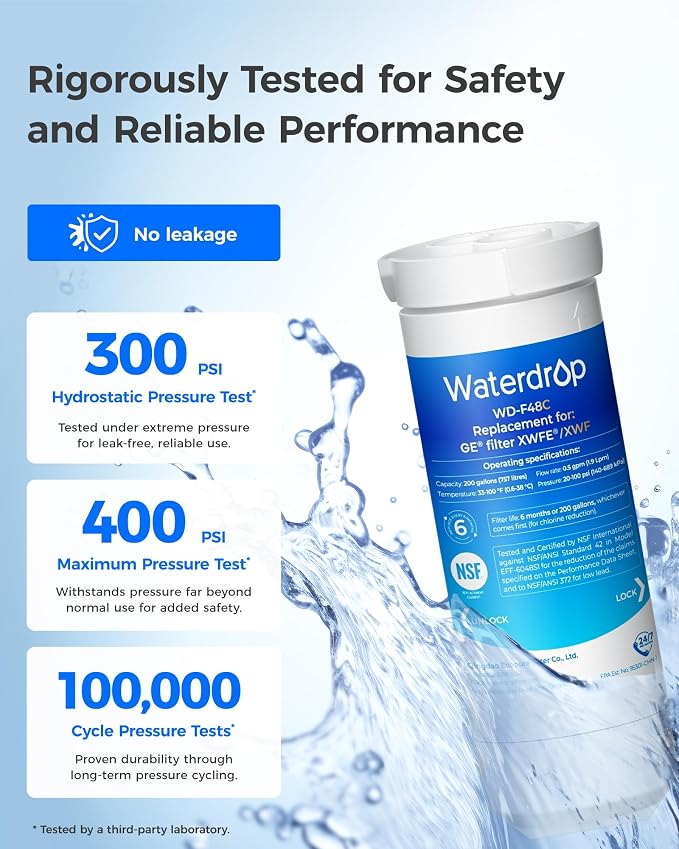 Waterdrop XWFE Refrigerator Water Filter, Built-in Chip, Replacement for GE® XWFE, XWF, Compatible with GNE27, GFE26, GDE25, GSS25 and PSE25 Series, NSF 42 & 372 Certified