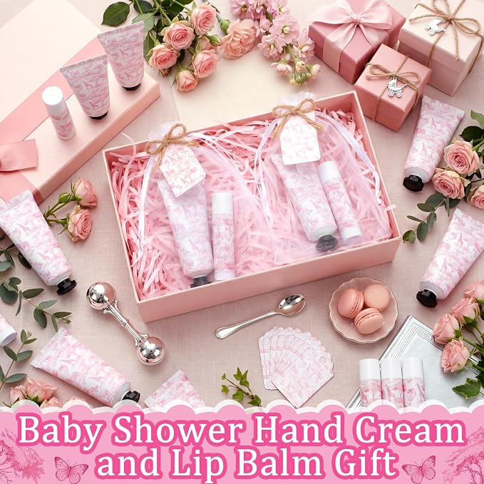 Qunclay 30 Sets Toile De Jouy Baby Shower Hand Cream and Lip Balm Gift Set Pink Chinoiserie Safari Animals Travel Size Hand Lotion Lip Balm Gifts Baby Bridal Shower Party Supplies for Guests