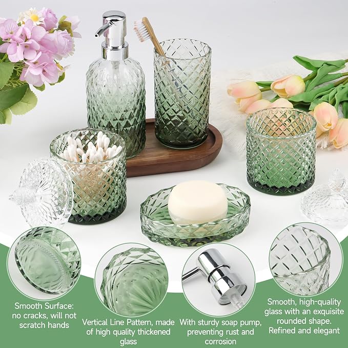 5Pcs Glass Bathroom Accessories Set,Green Vintage Bathroom Accessory Set, Bathroom Counter Sink Toothbrush Holder Set Includes 13.5oz Hand/Lotion Soap Dispenser & Tumbler & Soap Dish & Qtip Holders