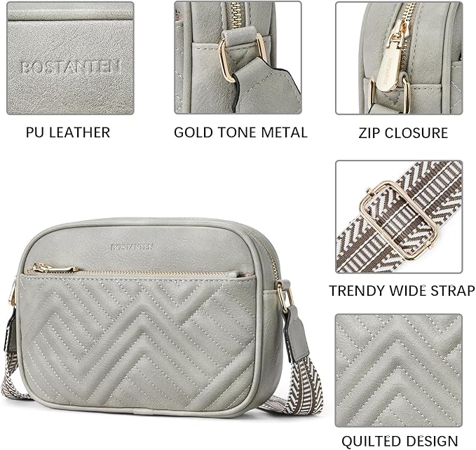 BOSTANTEN Quilted Crossbody Bags for Women Vegan Leather Purses Shoulder Handbags with Wide Strap