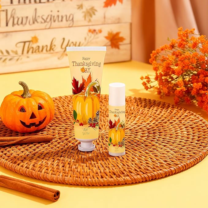 30 Sets Thanksgiving Fall Hand Cream and Lip Balm Set Pumpkin Friendsgiving Hand Cream Bulk Mini Pumpkin Lotion Travel Size with Organza Bag Tag for Thanksgiving Friends Giving Party Favor