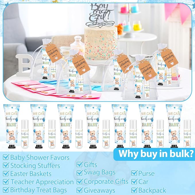 50 Sets 200 Pcs Blue Theme Bear Baby Shower Hand Lotion and Lip Balm Gift Theme Baby Shower Party Favors Travel Size Hand Lotion and Lip Balm Bulk with Organza Bags Tags