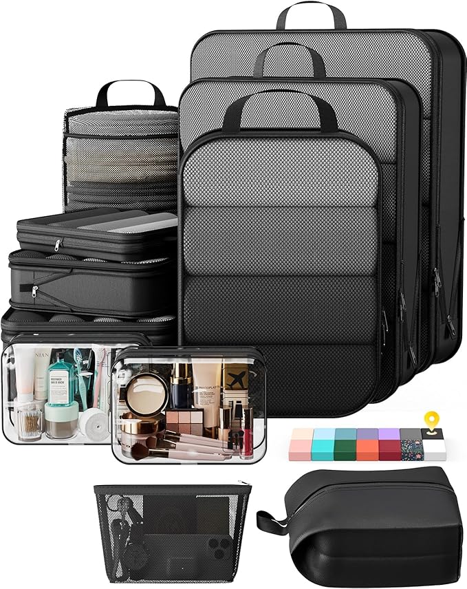 Veken 11 Set Compression Packing Cubes for Travel Essentials,Compressible Expandable Large Luggage Suitcase Organizer Bags for Clothing,Durable Space Saver Storage Bags with Toiletry Bags(Black)