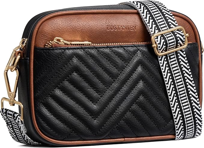 BOSTANTEN Quilted Crossbody Bags for Women Vegan Leather Purses Shoulder Handbags with Wide Strap