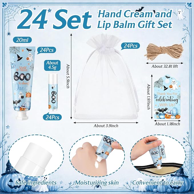 24 Sets Halloween Little Boo Baby Shower Hand Cream and Lip Balm Gift Baby Shower Party Favors Travel Size Hand Lotion Lip Balm Bulk with Organza Bag Tag Halloween Newborn Party for Guests Kids