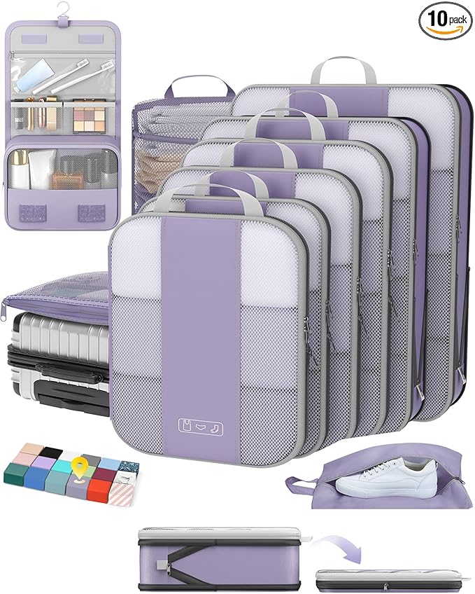 10 Set Compression Packing Cubes for Travel Essentials,Compressible Expandable Packing Cubes for Suitcase,OlarHike Luggage Garment Bags for Travel,Handy Helper for Organizing Clothes(Purple Gray)