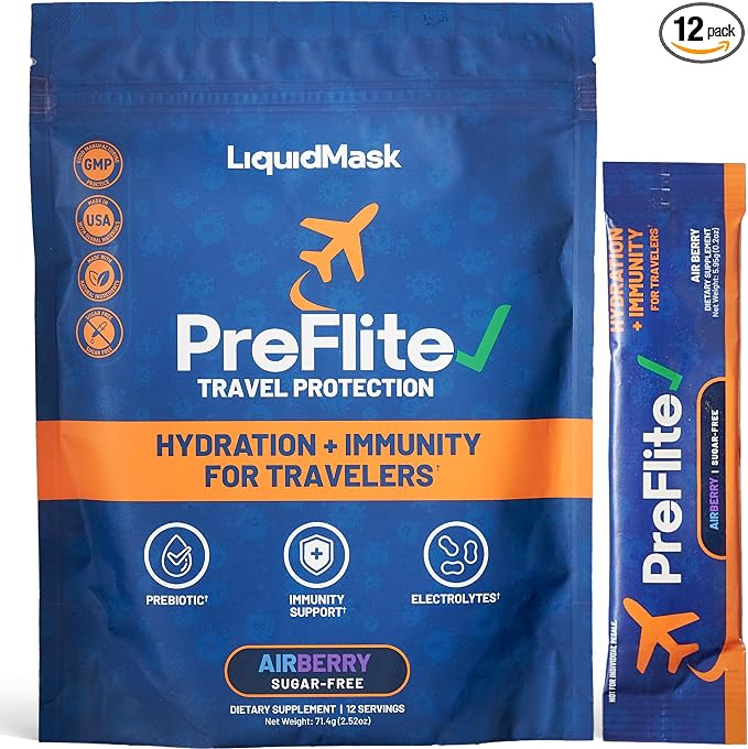 PreFlite Travel Hydration Powder for Flying, Sugar Free Electrolyte Drink Mix with Zinc, Vitamin B12, L-Theanine & Prebiotic Fiber, AirBerry Flavor, 12 Stick Packs