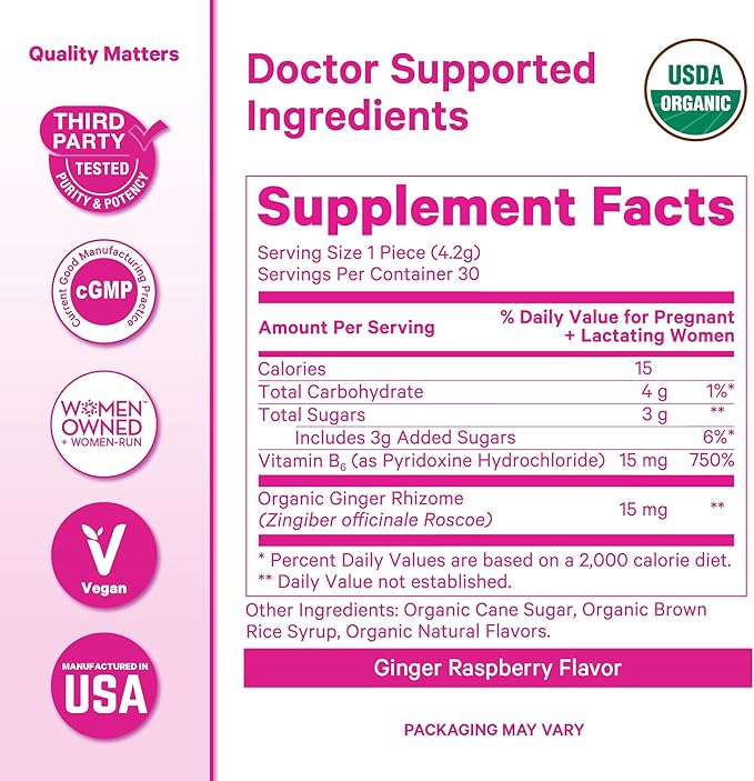 Pink Stork Morning Sickness Sweets, Organic Raspberry Ginger Candy with Vitamin B6, Support for Motion Sickness, Prenatal Heartburn - Pregnancy Must Haves - 30 Wrapped Drops