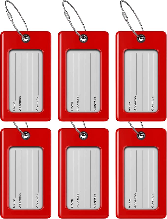 Luggage Tags Business Card Holder by TUFFTAAG - Flexible PVC Travel ID Bag Tag, Red, 6 Pack