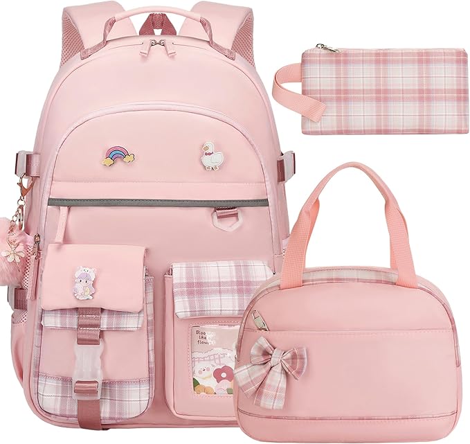 Backpack for Girls 15.6 Inch Laptop School Bag Kids Elementary College 3pcs Backpacks Lunch box Pencil Case Set Bookbags for Girls Teen Women Student Pink