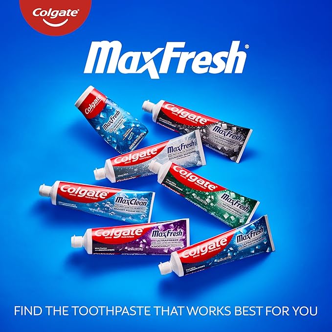 Colgate MaxFresh Cool Mint Toothpaste, Travel Size Toothpaste for Bad Breath with Fluoride and Hundreds of Mini Breath Strips, Leaves Mouth Feeling Refreshed for Hours, Fights Cavities, 1.0 oz